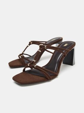 Zara Brown Strappy Block Heel Sandal with Gold Accents
